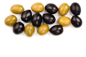 Green and black olives isolated on a white background with copy space for your text. Top view. Flat lay