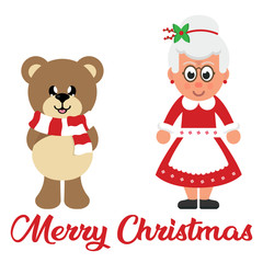 winter christmas cartoon bear with scarf and cartoon mrs santa with christmas text
