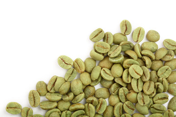 green coffee beans isolated on white background with copy space for your text. Top view. Flat lay