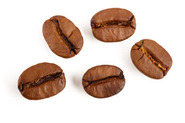 roasted coffee beans isolated on white background. Top view. Flat lay