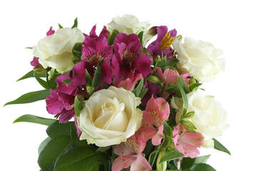 Bouquet of big white roses, pink and lilac alstroemeria flowers isolated on white background