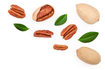 pecan nut decorated with green leaves isolated on white background. Top view. Flat lay