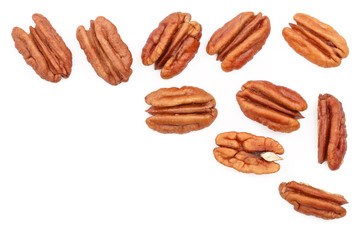 pecan nut isolated on white background with copy space for your text. Top view. Flat lay