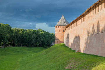 Fototapeta na wymiar Novgorod Kremlin redbrick fortress walls day time
