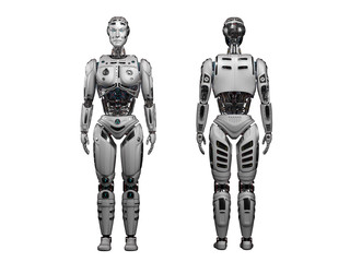 Futuristic robot man or very detailed cyborg full body. Front and back views. Isolated on white background. 3D Render