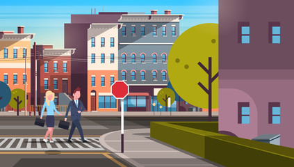 couple business man woman going crosswalk city street buildings downtown road cityscape background horizontal flat