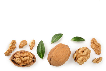 Walnuts with leaf isolated on white background with copy space for your text. Top view. Flat lay