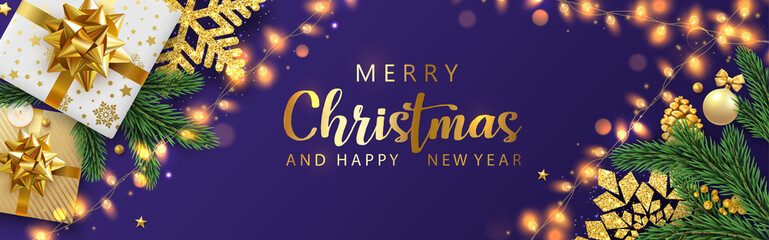 Merry Christmas and Happy New Year banner with gifts, fir branches and decorative lanterns.