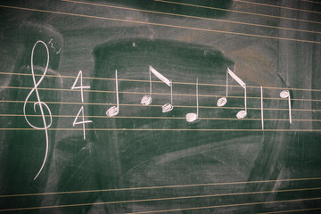 Random music notes written with white chalk on a blackboard.