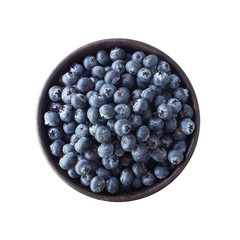 Fresh Blueberry in wooden cup on white table background