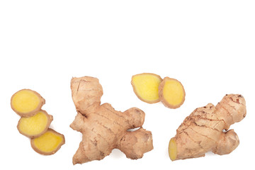 fresh Ginger root and slice isolated on white background with copy space for your text. Top view....