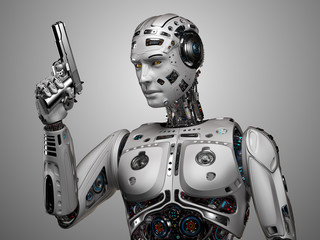 Futuristic robot or detailed cyborg holding a gun. Upper body isolated on grey background. 3D illustration