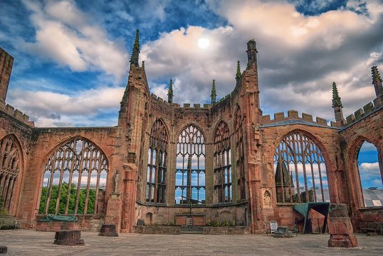 The ruins of Coventry Cathedral that was destroyed during bombing raids on the city in 1940