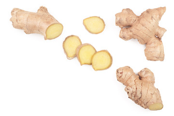 fresh Ginger root and slice isolated on white background with copy space for your text. Top view. Flat lay