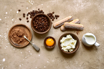 Ingredients for making traditional italian cake tiramisu.Top view with copy space.