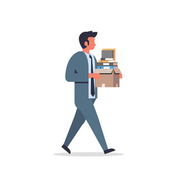 busy businessman carrying paper box stack of documents overloaded business man office worker going male cartoon character full length flat isolated