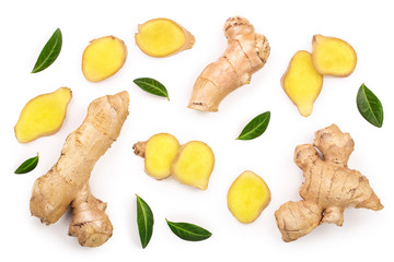 fresh Ginger root and slice isolated on white background. Top view. Flat lay