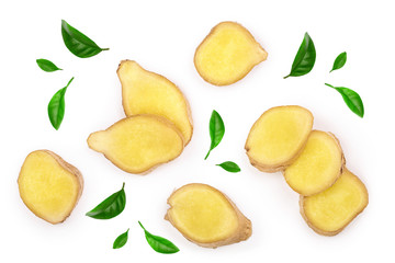 slices of fresh Ginger root isolated on white background. Top view. Flat lay