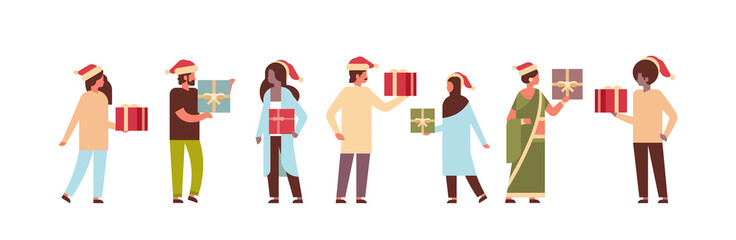 mix race people holding gift box present to each other merry christmas happy new year holiday celebration concept full length cartoon characters flat isolated horizontal banner
