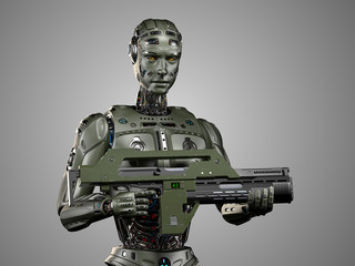 Naklejka premium Detailed military robot or cyborg super soldier holding a heavy gun. Upper body isolated on grey background. 3D Illustration