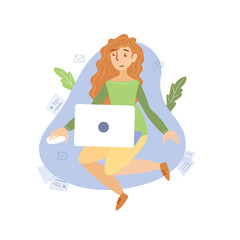 girl sitting with laptop working at home flat style illustration
