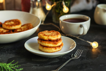 pancakes, chocolate, cheese cakes, cream, coffee . food background. copy space