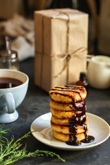 pancakes, chocolate, cheese cakes, cream, coffee . food background. copy space