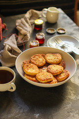 pancakes, chocolate, cheese cakes, cream, coffee . food background. copy space
