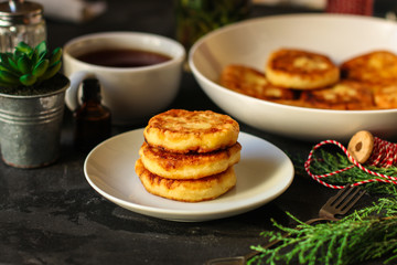pancakes, chocolate, cheese cakes, cream, coffee . food background. copy space