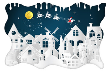 Paper art , cut and digital craft style of Santa Claus on Sleigh and Reindeer over snow city clouds and merry christmas in winter background as holiday and x'mas day concept. vector illustration.