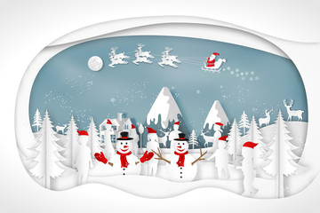 Fototapeta na wymiar Paper art, cut and digital craft style of anta Claus on Sleigh and Reindeer with Children party and enjoy in the merry christmas night as x'mas and happy new year concept. vector illustration.