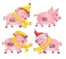 Christmas. New Year 2019. Year of Pig. Greeting card. Cute and funny cartoon characters