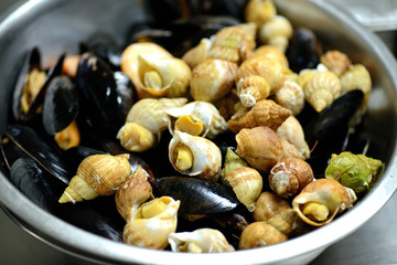 different clams in a metal bowl