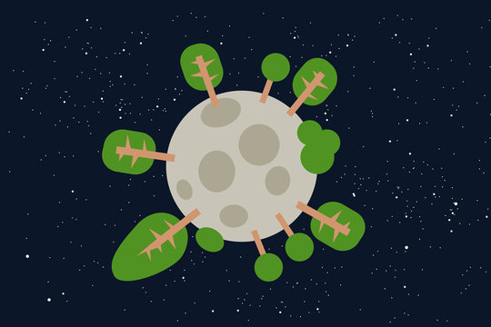 Greenery and greenness on the Moon - green tree and plant is breed and grown on the planet in the space. Organic life is living in the cosmos. Vector illustration