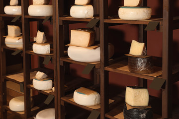 Different types of delicious cheeses on rack in store