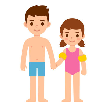 Cute cartoon children in swimsuits