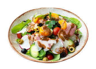 Smoked duck breast rocket salad orange balsamic vinaigrette in ceramic plate isolated on white background, clipping path included