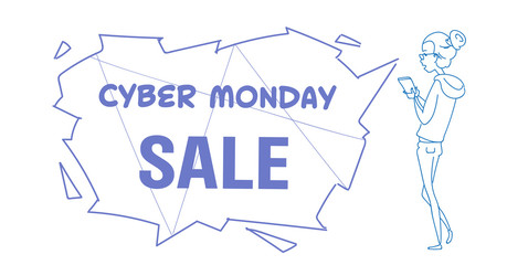 Obraz premium cyber monday sale concept woman using mobile app online shopping smartphone application sketch doodle horizontal