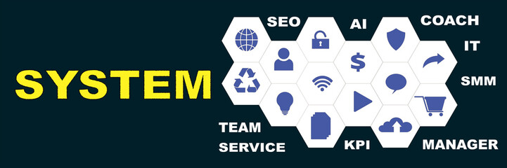 SYSTEM Panoramic Hi tech banner with hexagons icons and tags