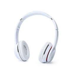 Stylish modern headphones with earmuffs on white background