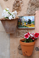 Fototapeta na wymiar beautiful flowerpots on the wall - Valldemossa - Mallorca - Spain