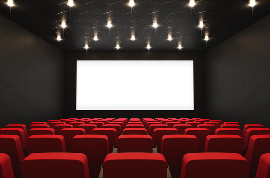 Leerer Kinosaal mit Leinwand und Sitzreihen, 3D Rendering