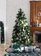 Merry Christmas interior with green pine