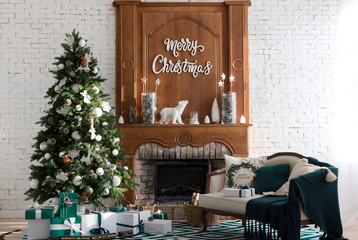 Merry Christmas interior with green pine