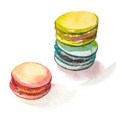 Watercolor illustration of hand painted colorful macarons