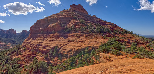 Hangover Trail view of the Elephant Head on top of Western Mitten Ridge in Sedona Arizona. Composed of 3 photos stitched together to form this panorama.