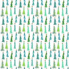 Fototapeta na wymiar Christmas pattern: a mix of watercolor gouache hand drawn Christmas trees on white background