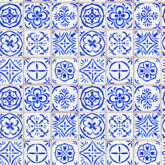 Seamless tracery with floral ornament - vintage ceramic tiles in azulejo design with blue elements on white background. Watercolor hand drawn painting illustration.