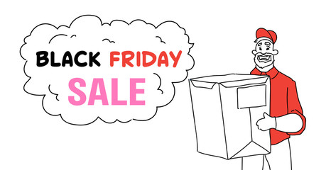 delivery man deliver hold box chat bubble cloud black friday concept courier service sketch doodle horizontal