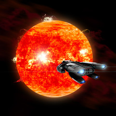 A spaceship explores a new red star as it erupts and ejects matter into outer space - 238059978
